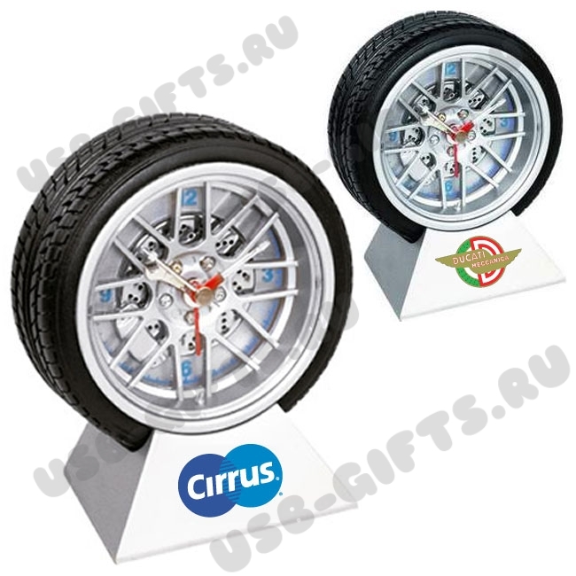 Часы на подставке «Автомобильные колесо» под нанесение логотипа оптом продажа со склада авто часы