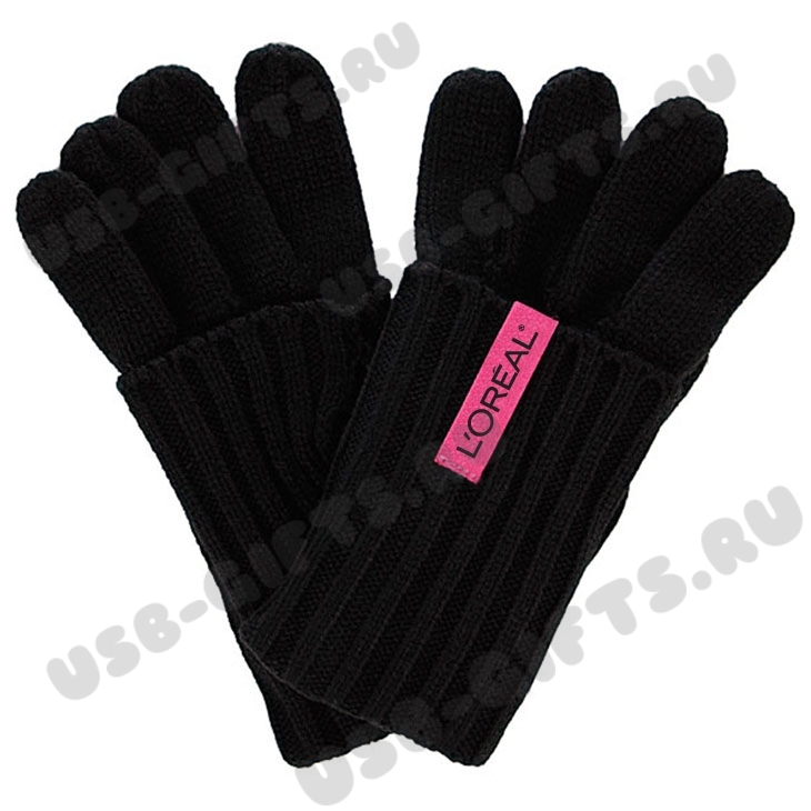 Черные вязанные перчатки с логотипом, этикетка, вышивка