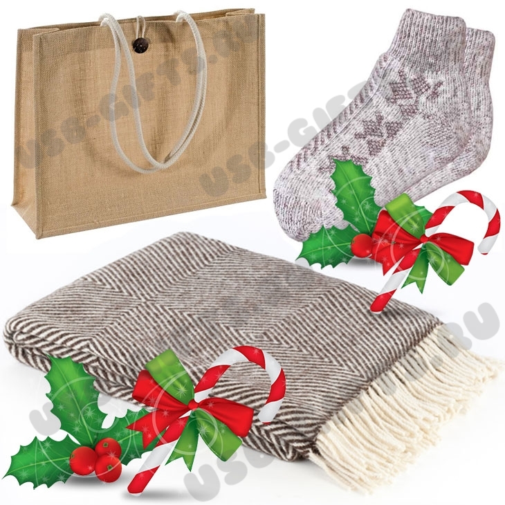 Подарочный набор с логотипом: плед, носки, сумка упаковка (комплект текстильный потом