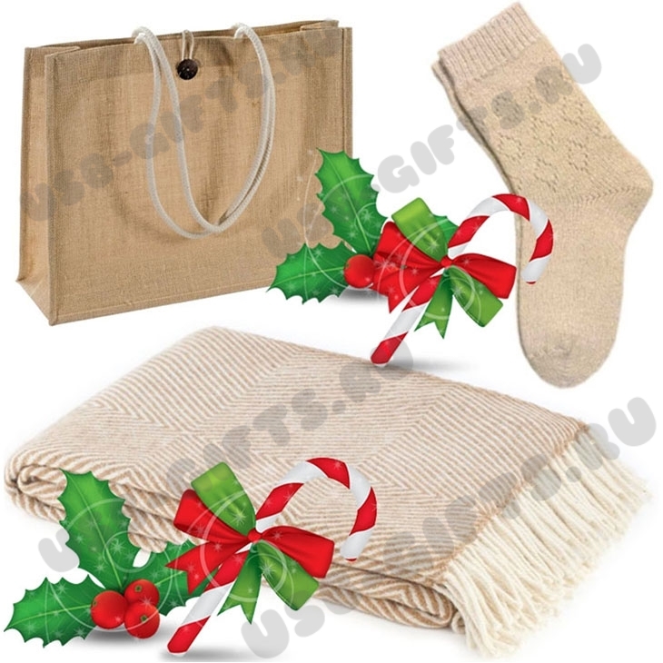 Подарочный комплект сумка плед носки упаковка (новогодние подарочные наборы в сумке