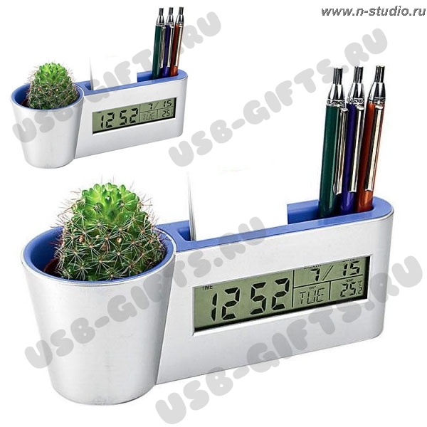 Подставка с часами для ручек и визиток термометром датой таймером кашпо для растения Японский сад