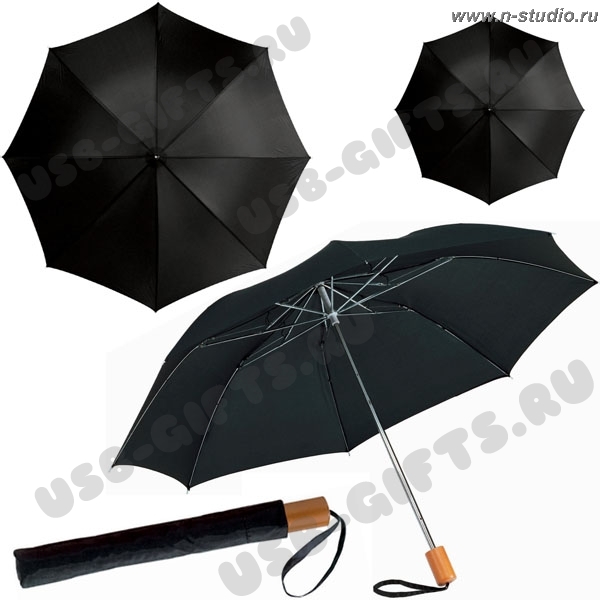Зонт складной 2 сложения с деревянной ручкой под логотип
