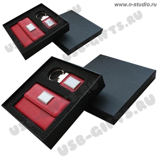 Красный кожаный набор визитница брелок в подарочной упаковке