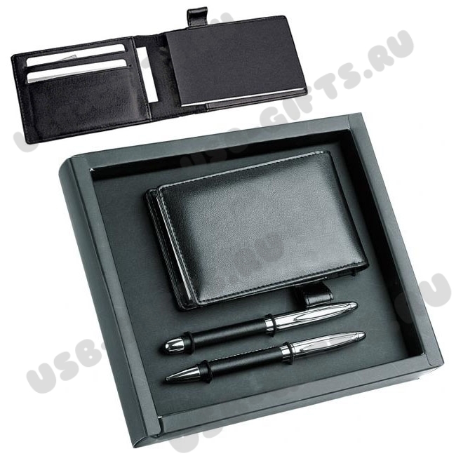 Кожаный набор визитница с ручкой, роллером и блокнотом черный