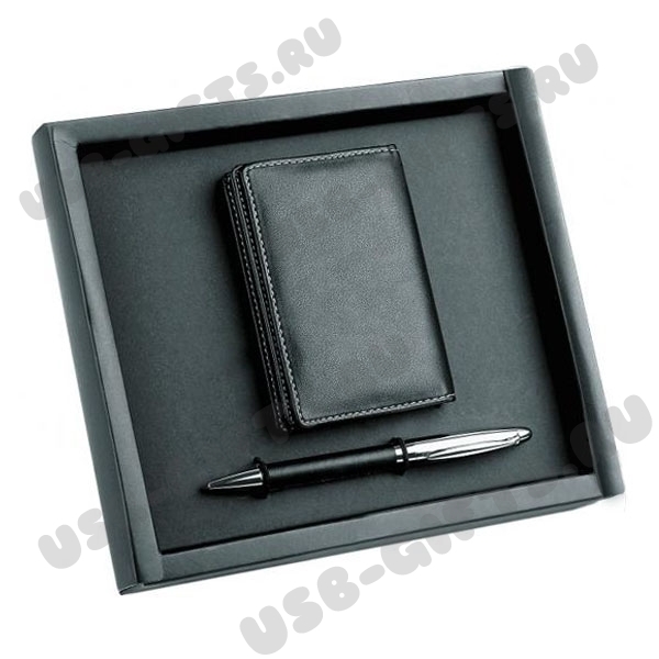 Черный подарочный набор визитница с ручкой кожаный