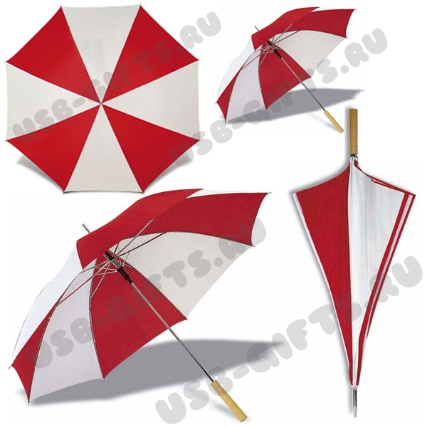 Зонт автоматический с деревянной ручкой красно-белый