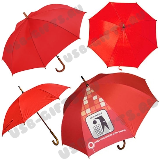 Красный зонт-трость с деревянной ручкой с логотипом