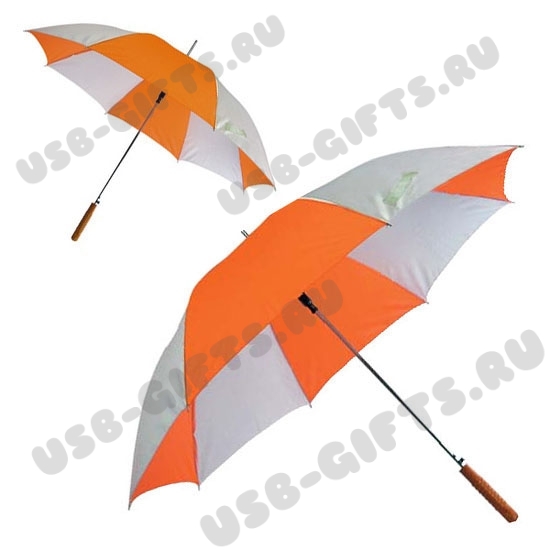 Зонт оранжево-белый с деревянной ручкой автоматический с логотипом оптом