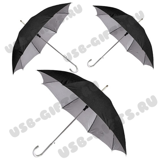 Зонты-трости серебристо-черный с металлической ручкой под логотип
