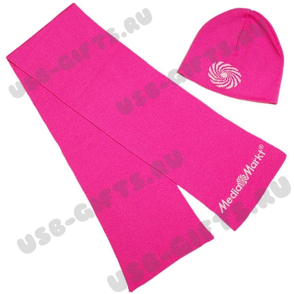 Набор вязаный - шарф шапка под логотип розовый оптом вязаные наборы с нанесением логотипа