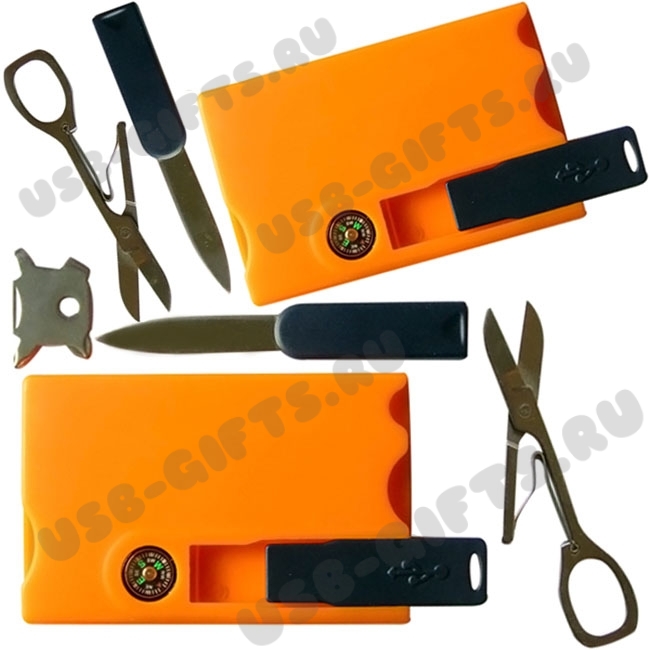 Оранжевые флешки кредитки с набором инструментов и компасом