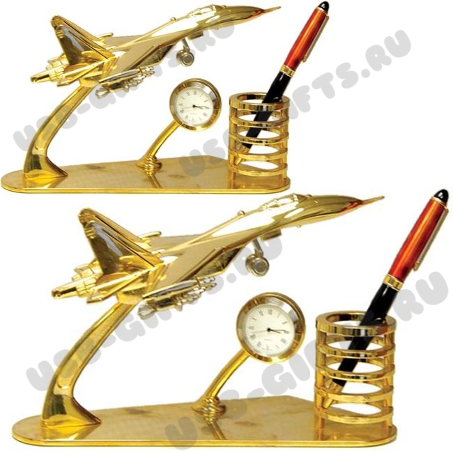 Модель «Самолет» с подставкой для ручек и часами, золото